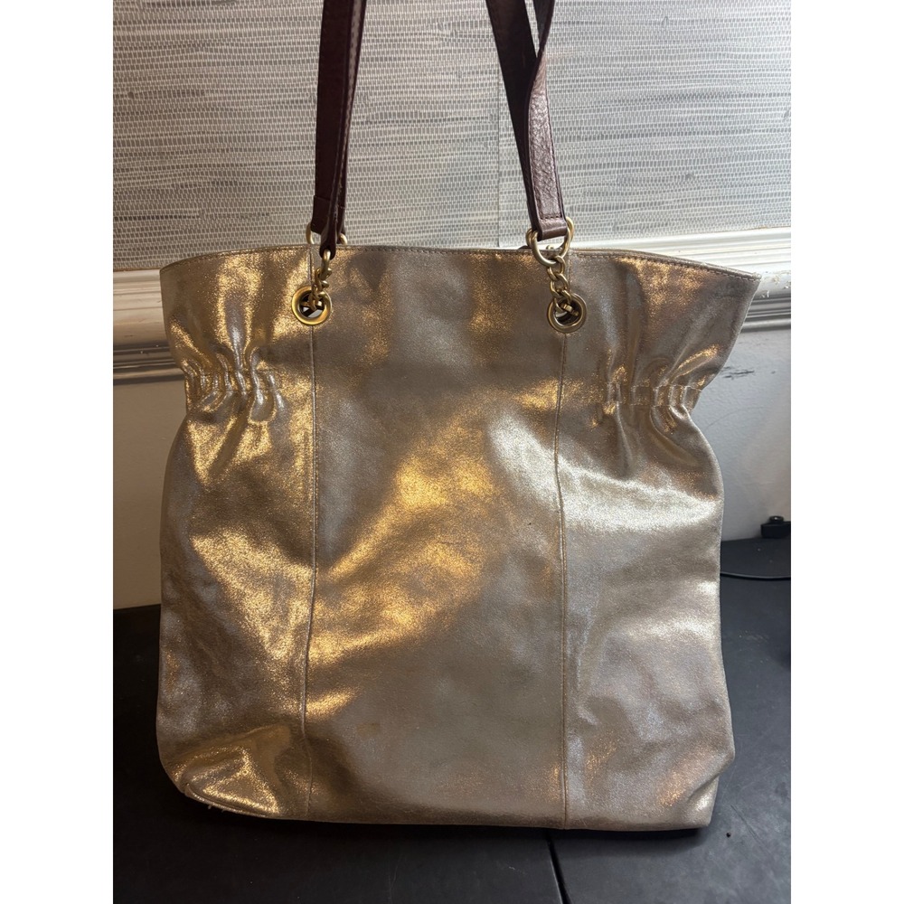 Cynthia Rowley Metallic Gold Leather Tote Bag Brown Straps Tassel Shoulder Bag